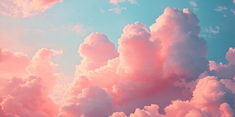 Poster - Fluffy text illustration in whimsical font centered against a bright pastel pink and blue cloudy sky backdrop with soft billowing clouds.