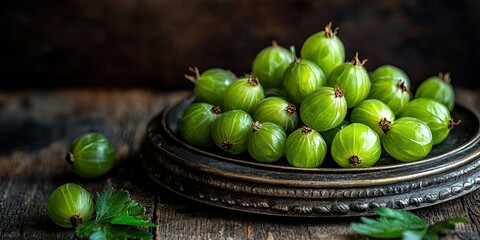 Leinwandbilder - Fresh green gooseberries arranged in a vintage silver plate on a rustic wooden surface with a few leaves scattered nearby in a soft natural light.
