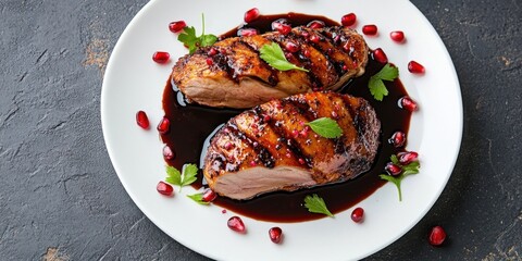 Poster - Festive roasted duck breast on a white plate garnished with pomegranate seeds and drizzled sauce in a high angle view with dark background.