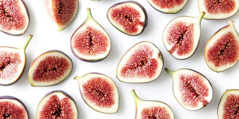 Aufkleber - Freshly cut figs halved revealing rich red interior on a clean white background with contrasting green stems arranged in a flat lay composition