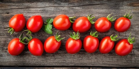 Poster - Fresh ripe red tomatoes arranged in a line on rustic wooden background with green mint leaves for a vibrant farm-to-table concept.