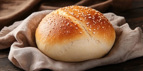 Poster - Freshly baked round loaf of bread with sesame seeds resting on a light linen napkin atop a dark wooden surface capturing warm earthy tones.