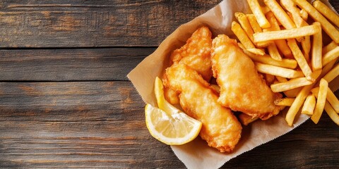 Poster - Golden crispy fish fillets served with golden French fries and a lemon wedge on a rustic wooden background, featuring warm browns and golds.