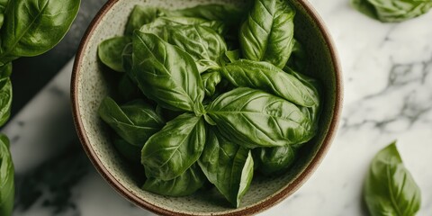 Poster - Fresh vibrant basil leaves arranged in a rustic bowl with a green hue on a marble countertop highlighting healthy cuisine and natural ingredients.
