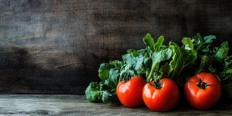 Poster - Fresh red tomatoes and vibrant green greens arranged together on a rustic wooden surface showcasing earthy tones and natural textures.