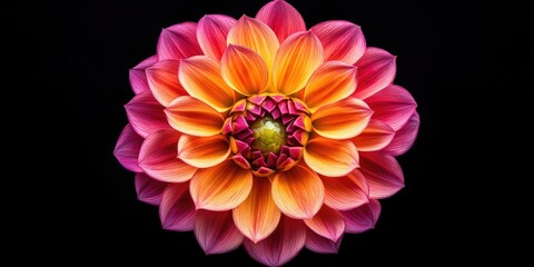 Poster - Vibrant pink and orange dahlia flower centered on a black background with layered petals creating a stunning floral display and intricate details.