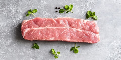 Poster - Fresh raw pork tenderloin fillet presented from a top view on a gray surface with green herbs and black peppercorns arranged around it.