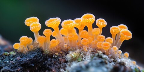 Poster - Bright orange fungi clusters with delicate, frilled edges growing on dark, textured substrate, creating a vivid contrast in a natural setting.