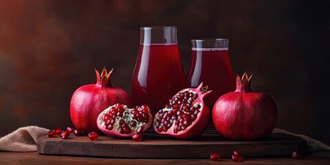 Poster - Vibrant red pomegranates on wooden board with jars of juice showcasing rich textures of fruit and deep crimson tones against a dark background