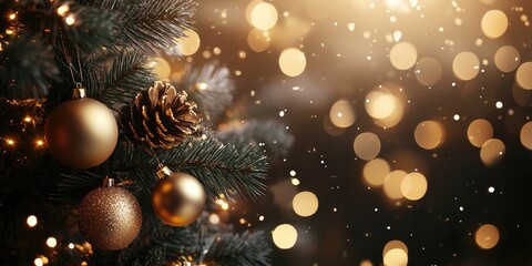 Poster - Elegant Christmas tree adorned with golden ornaments and pine cones against a shimmering golden bokeh light background with soft winter snowflakes.