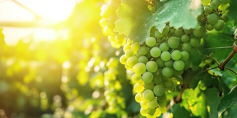 Wall Mural - Vibrant sunlit green grape clusters hanging among lush green leaves in a garden setting with soft golden light illuminating the background