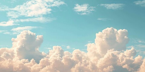 Poster - Fluffy word illustration in white against soft pastel clouds in a blue sky creating a dreamy and serene atmosphere with light textures
