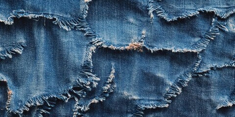 Poster - Frayed blue denim fabric with torn edges showcasing a textured surface in varying shades of blue positioned randomly throughout the image.