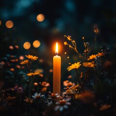 Aufkleber - In a serene garden, a solitary candle flickers softly, casting a warm glow in the darkness. Surrounding it are vibrant flowers, their colors enhancing the intimate atmosphere of the night