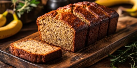 Poster - Freshly sliced banana bread on a rustic wooden board displaying a golden crust with lush bananas in the background, inviting aroma and texture showcased.