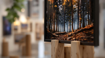 Poster - A close-up of a television screen displaying a forest scene. The screen is placed on a wooden stand, and the background is slightly blurred, emphasizing the television as the main subject.