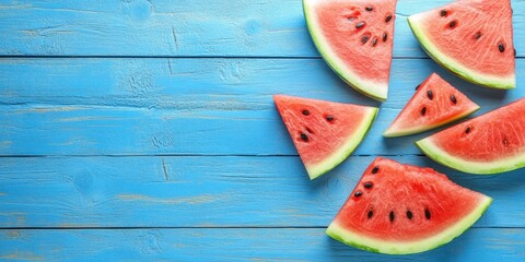 Poster - Vibrant watermelon slices arranged on a rustic blue wood background showcasing refreshing summer colors creating an inviting seasonal atmosphere