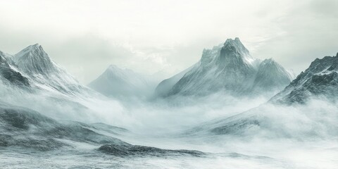 Poster - Majestic snowy mountains enveloped in thick fog create a serene vintage landscape with soft grey tones and misty depths in the foreground.
