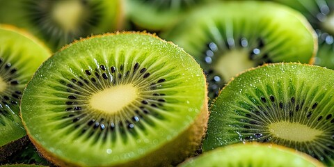 Poster - Freshly sliced kiwi fruit showcasing vibrant green flesh and black seeds, arranged closely together with a blurred natural background.