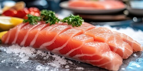 Poster - Sliced fresh salmon fillet on a black slate with ice garnished with parsley and lemon slices in the background showcasing culinary preparation.