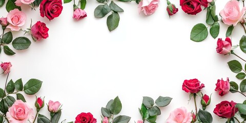 Fototapete - Rose flower frame with vibrant red and soft pink blooms surrounded by fresh green leaves on a clean white background. Ideal for invitations and decor.