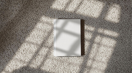 Poster - A white book, placed on a textured surface, the window casts a pattern of light and shadow across the room. The book is white, contrasting sharply with the grayish hue of the carpet beneath it.