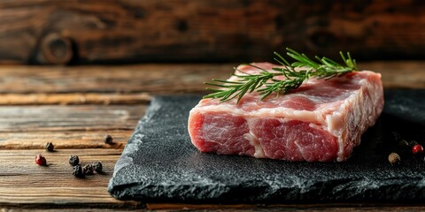 Poster - Fresh raw pork steak on a dark slate plate garnished with rosemary and surrounded by scattered peppercorns against a rustic wooden background.