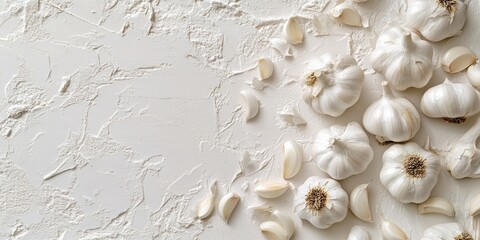 Poster - Arrangement of whole garlic bulbs and cloves on a textured white surface with soft shadows highlighting their natural shapes and textures.