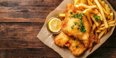 Poster - Crispy fish and chips with golden French fries on a brown paper, garnished with parsley and lemon slice, against rustic wooden table backdrop