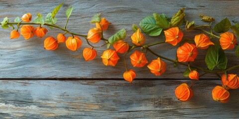 Poster - Vibrant orange physalis flowers with green leaves arranged along textured blue-gray wooden surface creating a lively natural contrast