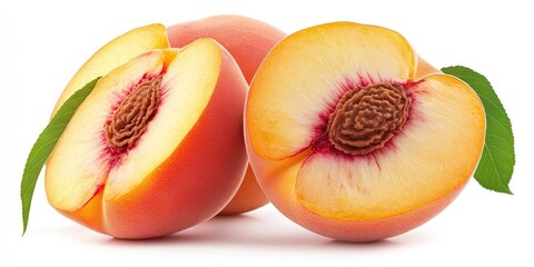 Poster - Fresh cut peaches with vibrant orange and yellow flesh, showcasing one whole peach beside a halved peach, adorned with green leaves.