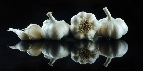 Poster - Fresh garlic bulbs and cloves arranged linearly on a black reflective surface showcasing white textures and subtle shadows in a minimalist style.
