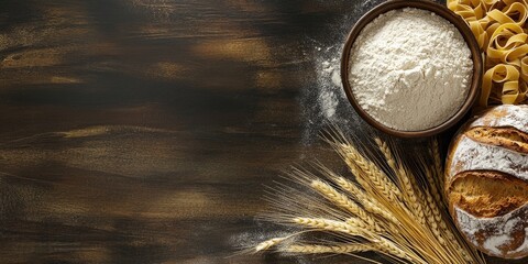 Poster - Homemade bread and pasta with bowl of flour and wheat ears on dark wooden surface top view natural colors inviting rustic culinary backdrop