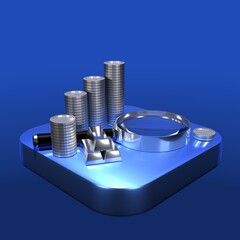 Wall Mural - Investing Vision: Financial elements, including stacks of coins and ingots, are presented on a striking blue platform, symbolizing financial growth and meticulous observation.