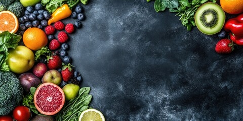 Poster - Vibrant assortment of fresh fruits and vegetables in a circular arrangement on a dark textured background with ample space for text at the center