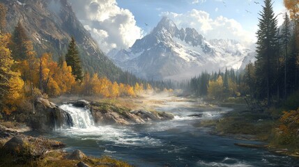 Wall Mural - Majestic Mountain Landscape with River, Waterfall, Evergreen Trees, and Autumn Foliage in a Picturesque Natural Setting