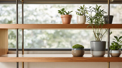 Poster - A wooden shelf adorned with several potted plants, set against a backdrop of a glass window that allows a soft, diffused light to illuminate the scene. The plants vary in size and type, adding a touch