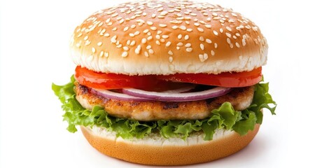 Aufkleber - Delicious fish burger featuring a golden sesame seed bun with lettuce, tomato slices, red onion, and a crispy fish filet in the center.
