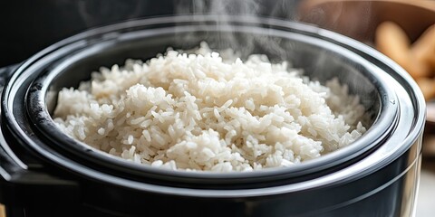 Poster - Freshly cooked steaming white rice in a black rice cooker with a soft focus background featuring wooden utensils on a rustic table.