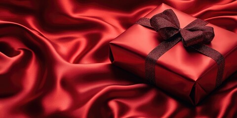 Poster - Red gift box with a dark ribbon placed atop elegant red satin fabric, showcasing rich textures and luxurious ambiance for festive celebrations.