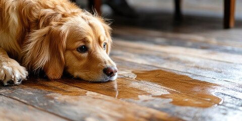 Poster - Golden retriever resting on wooden floor with wet patches reflecting light in warm tones, creating a cozy indoor atmosphere.
