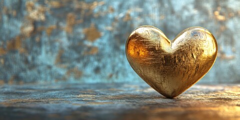 Aufkleber - golden heart sculpture resting on textured blue and gold background with soft lighting highlighting 