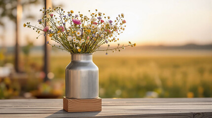 Aufkleber - A rustic wooden table upon which rests a metallic vase filled with a bouquet of flowers, set against a backdrop of a serene countryside bathed in the soft glow of the setting or rising sun.