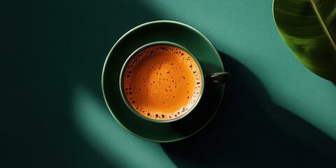 Poster - Rich espresso in a green cup on a teal surface, showcasing crema and bubbles, with a leaf shadow enhancing the premium coffee experience.