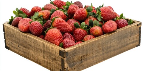 Poster - Fresh red strawberries piled in a rustic wooden crate with green leaves, positioned at the center of the image, showcasing vibrant colors and textures.
