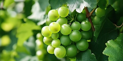 Poster - Lush green grape clusters nestled among vibrant green leaves in a sunlit garden showcasing nature's bounty and vitality.
