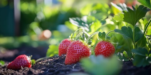 Fototapete - Vibrant red strawberries resting on rich soil with lush green leaves surrounding them in a bright garden setting showcasing nature's bounty