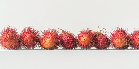 Poster - Vibrant rambutan fruits arranged linearly on a clean white surface showcasing their red and yellow spiky textures with natural shadows.