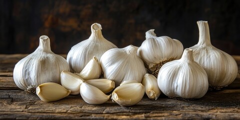 Poster - Fresh white garlic bulbs and peeled cloves arranged on a rustic wooden table with a dark textured background highlighting their natural sheen