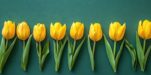 Aufkleber - Yellow tulips arranged in a row against a deep green background, showcasing their vibrant petals and lush green leaves, creating a fresh spring vibe.